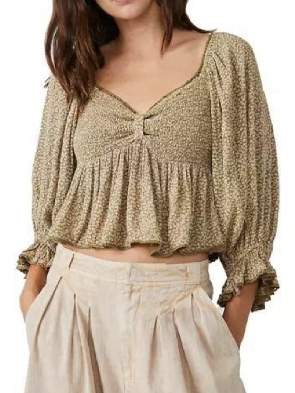 Free People Brown Floral Cropped Boho Brittnee Peplum Babydoll Peasant Top